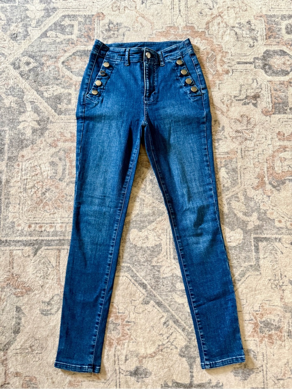 Lascana High-Rise Skinny Jeans in Dark Blue with Side Button Detail- Size 2
